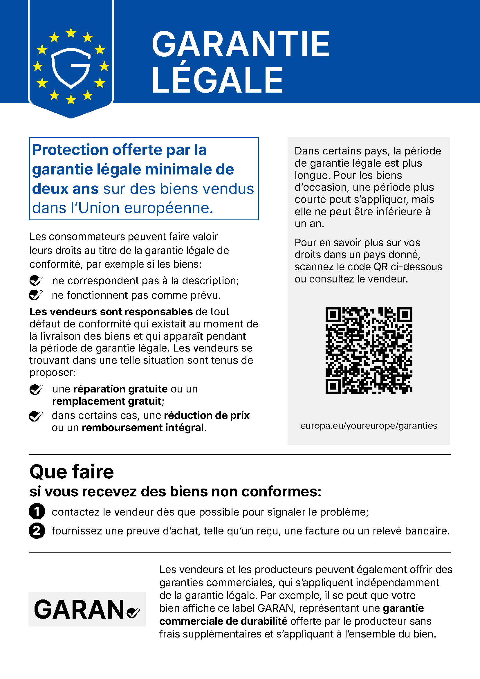 Aperçu de la notice harmonisée sur la garantie légale de conformité