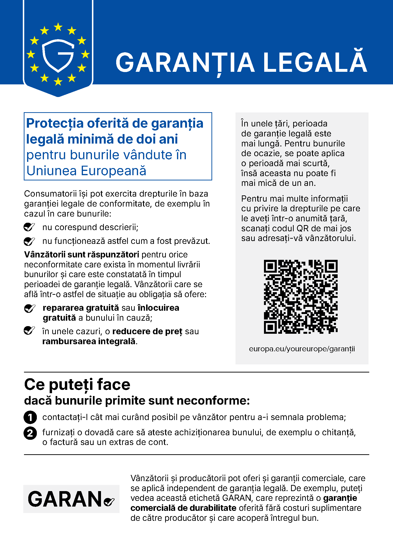 Previzualizare a notificării armonizate privind garanția legală de conformitate