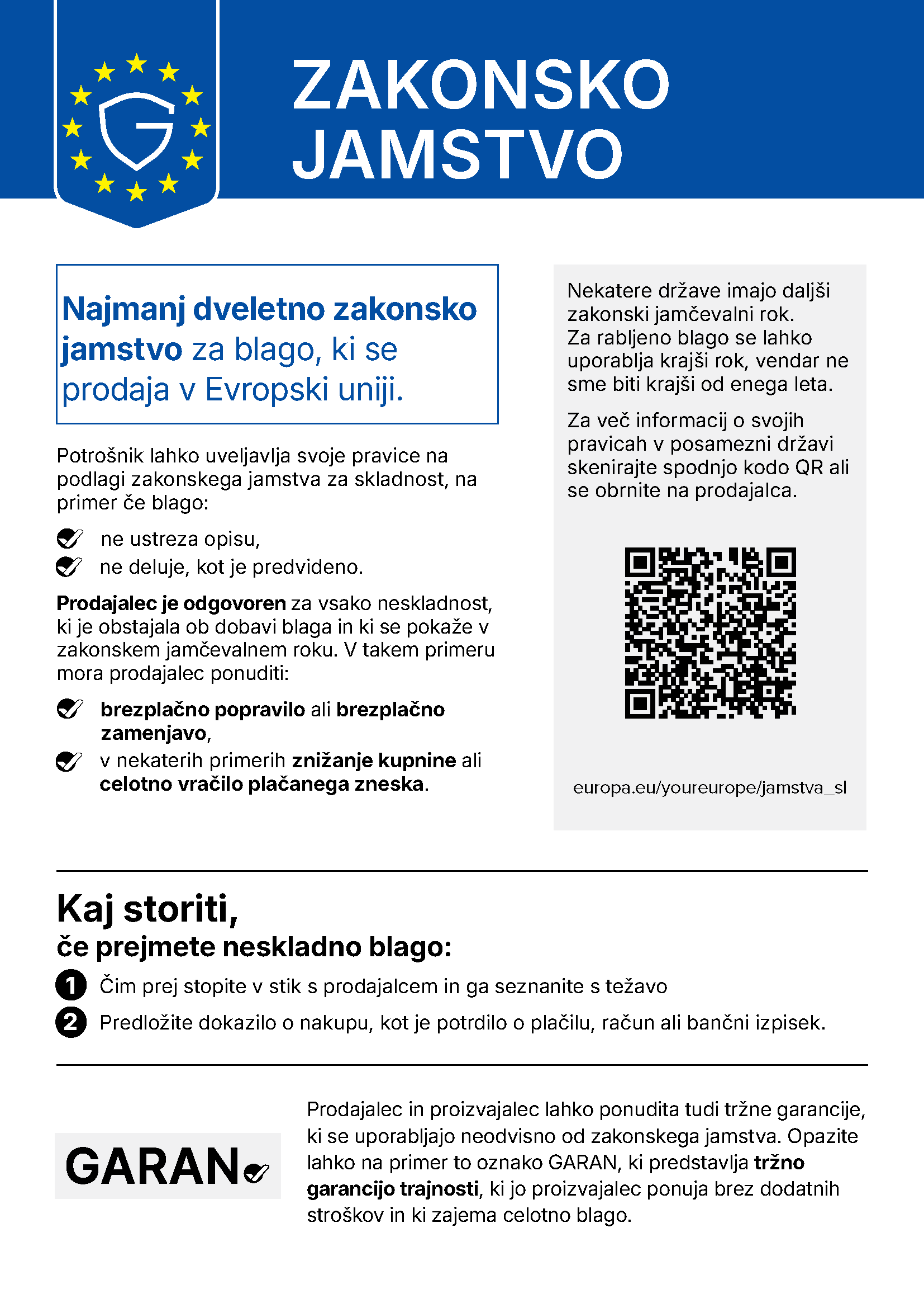 Predogled usklajenega obvestila o zakonskem jamstvu za skladnost